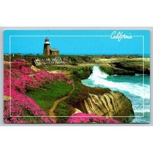 Vintage Postcard California Santa Cruz Lighthouse Pink Flowers Waves Surf c1980s